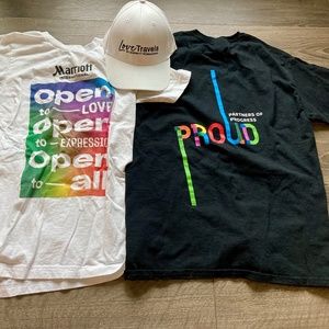 Gay Pride LGBTQ Shirt & Hat Love Travels 2023, Marriott & Nissan